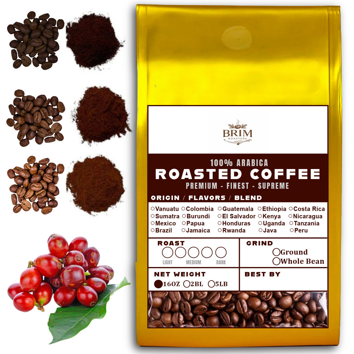 16 OZ Specialty Whole Bean and Ground Coffee Supreme Finest Artisan for Drips Cold Brew Espresso French Press Dark Medium Light Roast from Vanuatu Sumatra Ethiopia Brazil Kenya Colombia Guatemala Burundi Costa Rica East Java El Salvador Honduras etc
