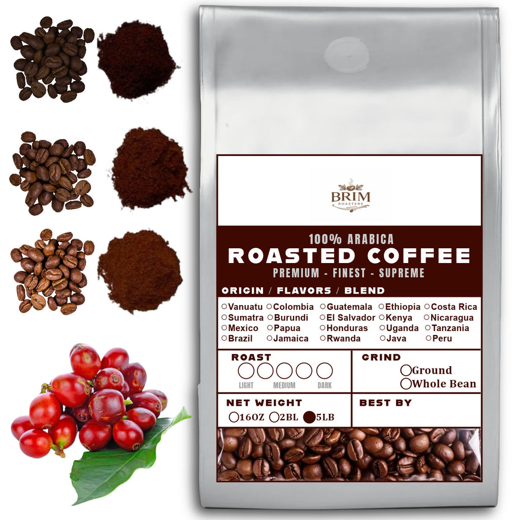 5LB Specialty Whole Bean and Ground Coffee Supreme Finest Artisan for Drips Cold Brew Espresso French Press Dark Medium Light Roast from Vanuatu Sumatra Ethiopia Brazil Kenya Colombia Guatemala Burundi Costa Rica Indonesia Java El Salvador Honduras etc
