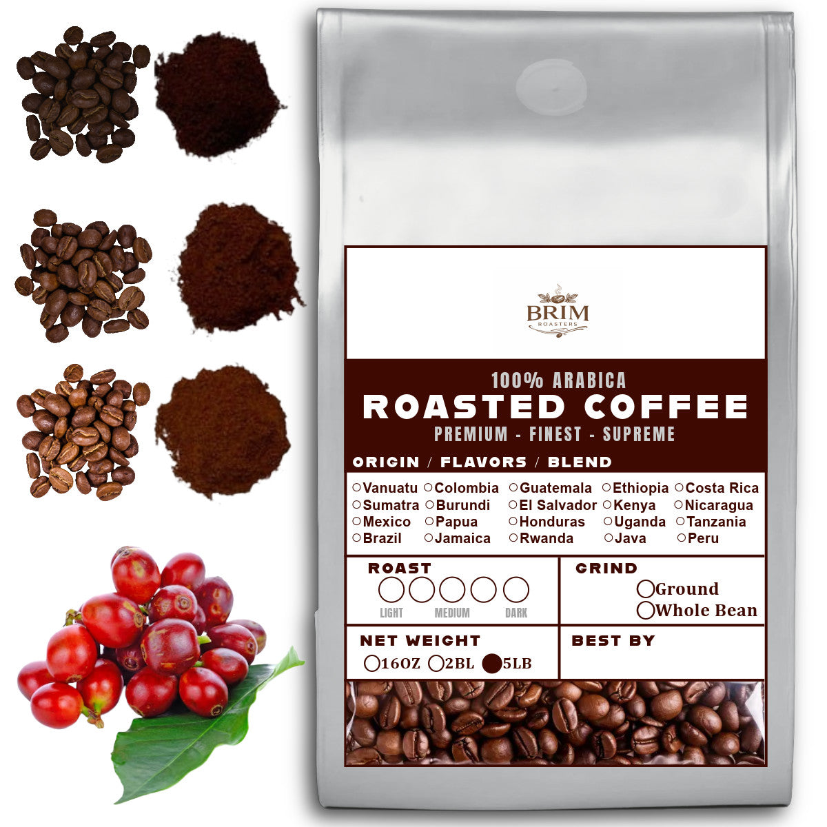 5LB Specialty Whole Bean and Ground Coffee Supreme Finest Artisan for Drips Cold Brew Espresso French Press Dark Medium Light Roast from Vanuatu Sumatra Ethiopia Brazil Kenya Colombia Guatemala Burundi Costa Rica Indonesia Java El Salvador Honduras etc